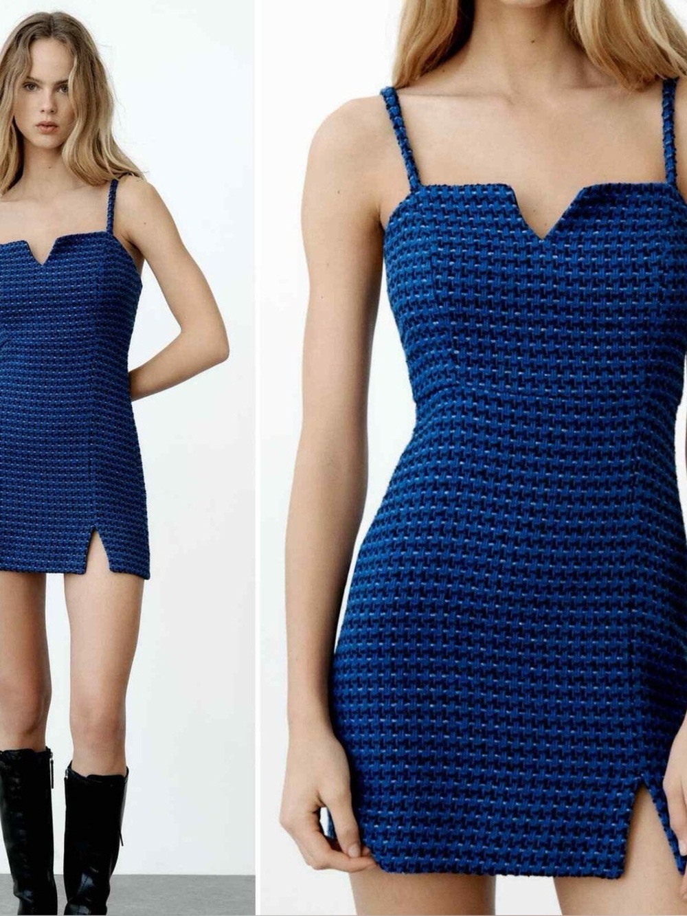 Zara Blue Textured Knit Spaghetti Strap Mini Dress